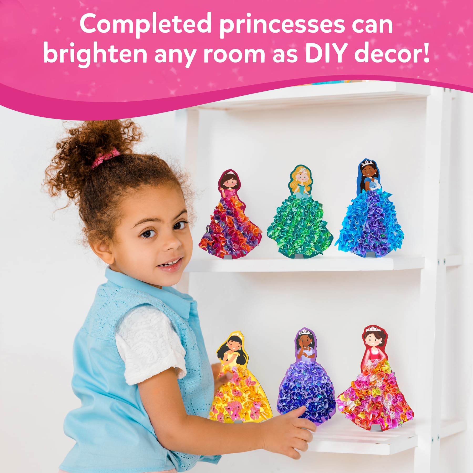 Skillmatics Poke-in Art decorative stands showcasing finished princesses