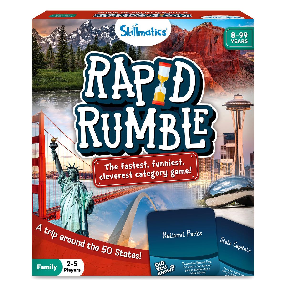 Skillmatics Rapid Rumble cover showcasing vibrant game components for family play