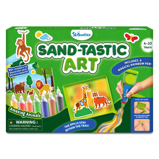 Skillmatics Sand Art Activity mess-controlled tray keeps crafts tidy for kids.
