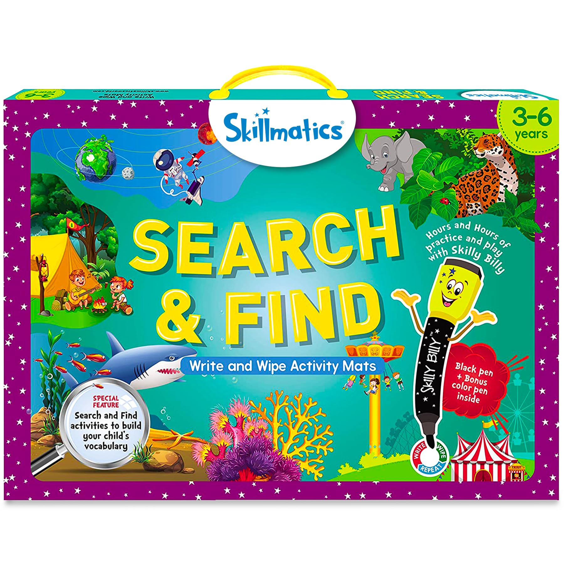 Skillmatics Search and Find mats cover with interactive vocabulary activities.