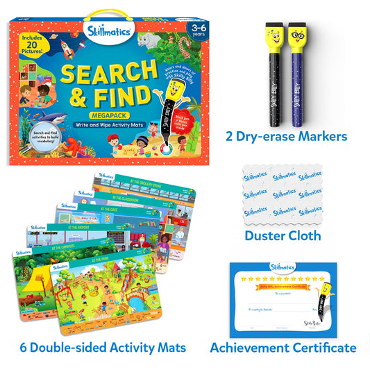 Skillmatics Search and Find Megapack dry-erase pens enable reusable practice on mats.
