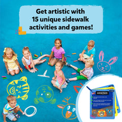 Skillmatics sidewalk art kit and waterproof activity cards for outdoor creativity.