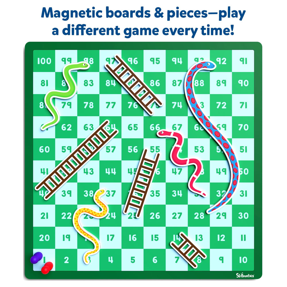 Skillmatics Snakes & Ladders pawns stay secure on the magnetic board during travel