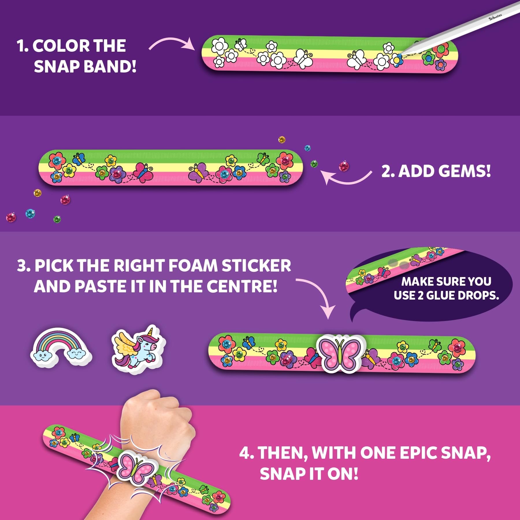 Skillmatics Snap Bandz gem sheet adds shine to each design.