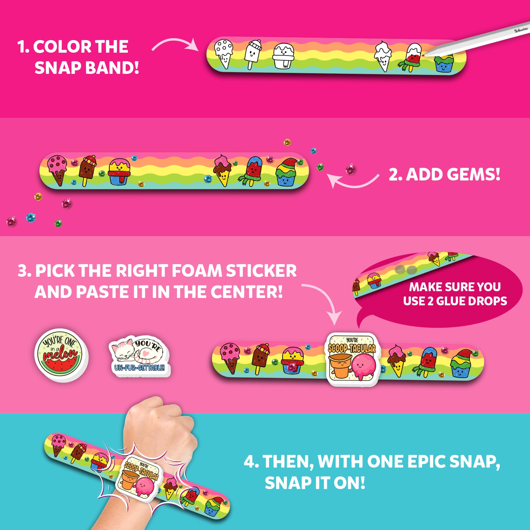 Skillmatics Snap Bandz glue drops for mess-free sticker adhesion