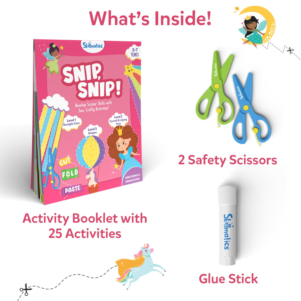 Skillmatics Snip Snip Unicorns & Princesses cutting activities page helps kids practice precise scissor control