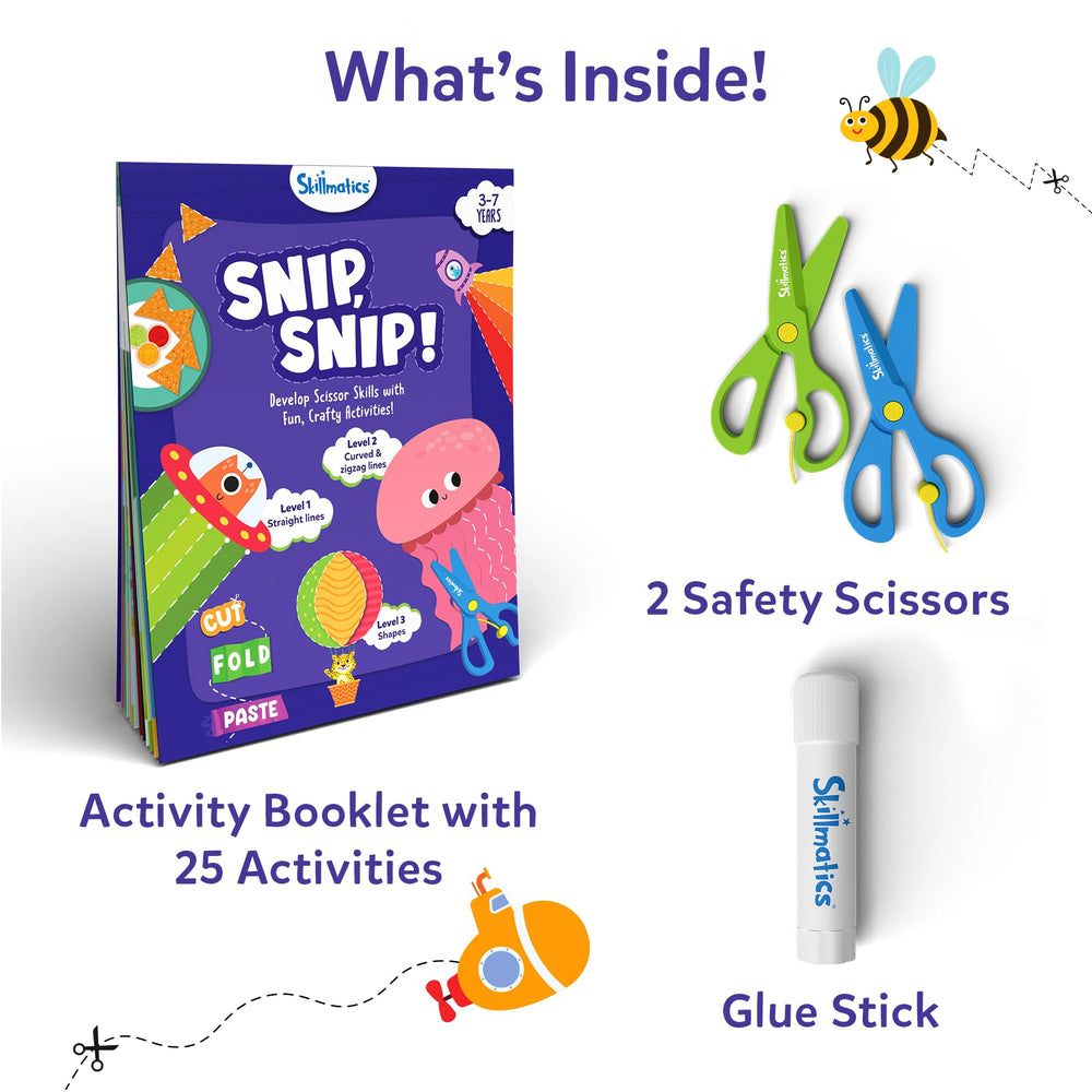 Skillmatics Snip Snip inside pages show progressive cutting tasks to build confidence step by step.