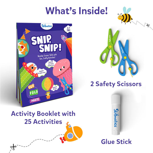 Skillmatics Snip Snip inside pages show progressive cutting tasks to build confidence step by step.