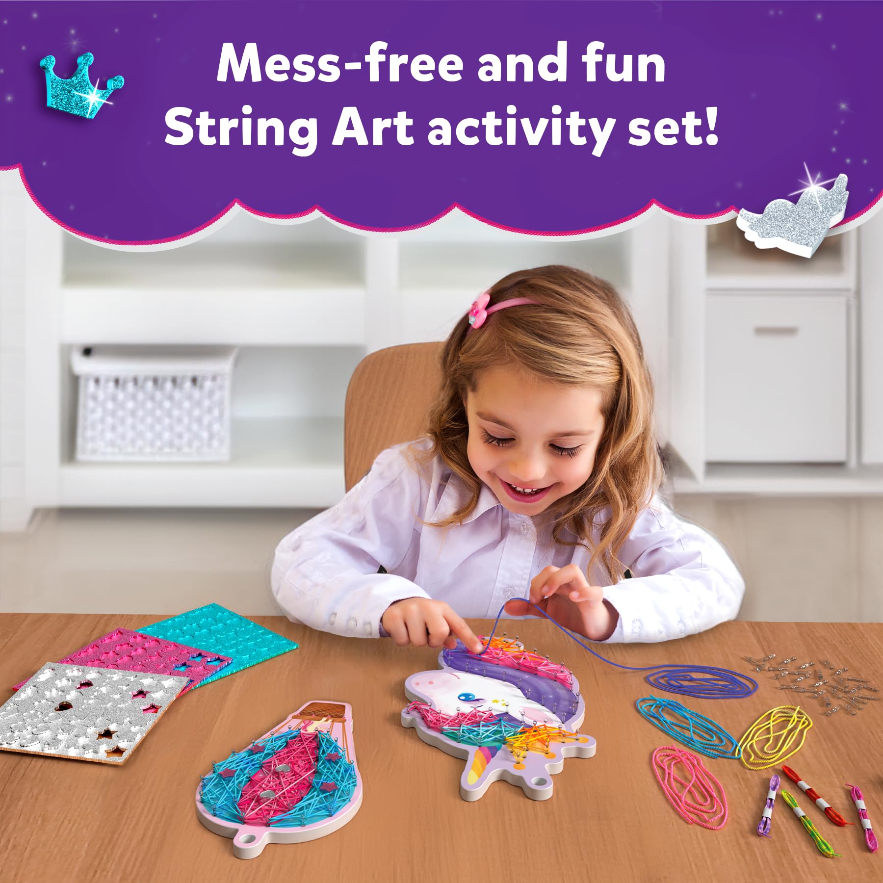 Skillmatics Unicorn Magic hot air balloon design invites colorful string weaving.
