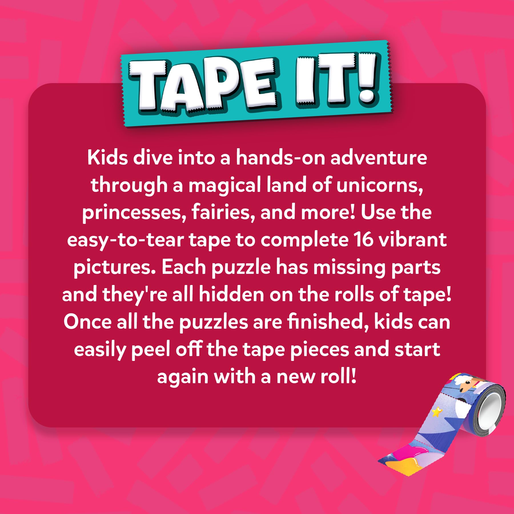 Skillmatics Tape It replayable puzzle set supports multiple rounds of play.