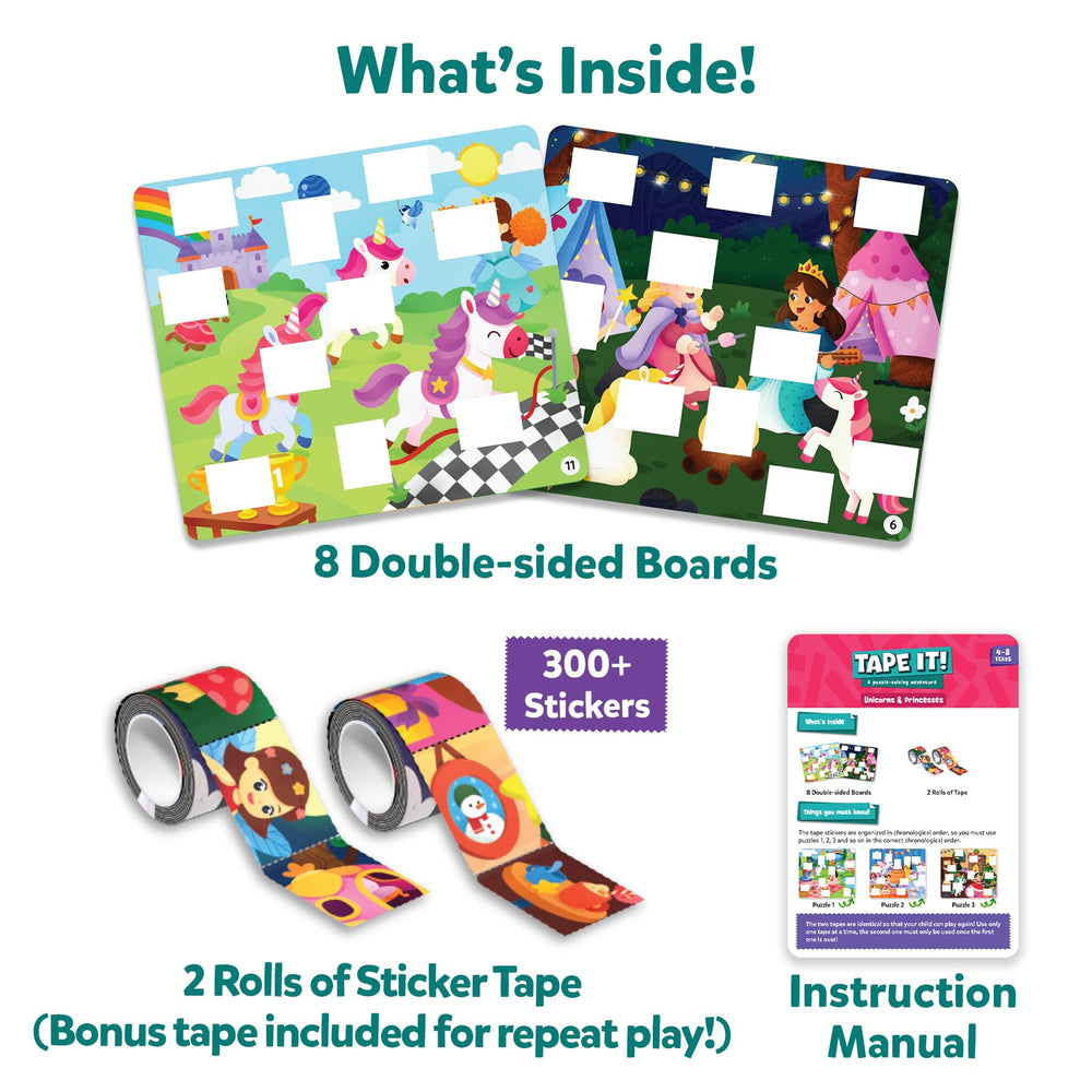 Skillmatics Tape It sticker rolls with 300+ stickers for repeat puzzle fun.