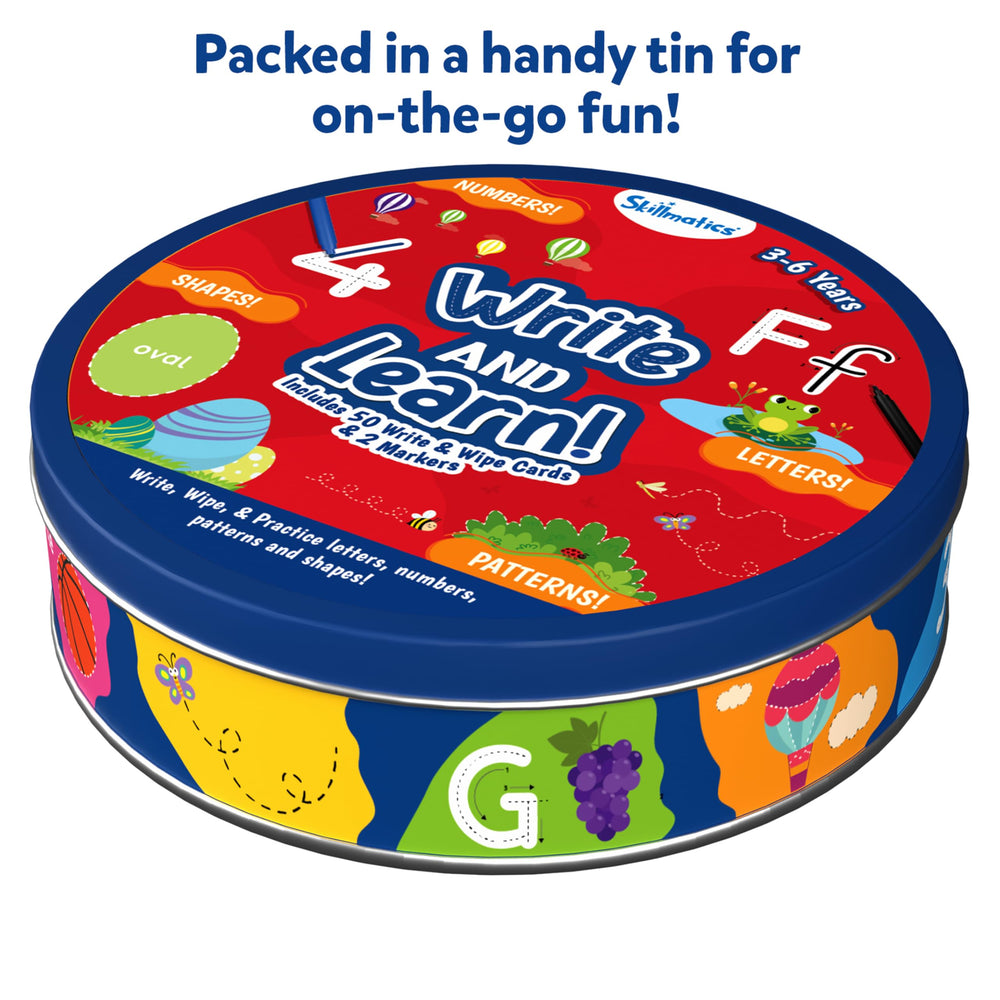 Skillmatics Write & Learn cards storage tin: keeps everything organized for kids.