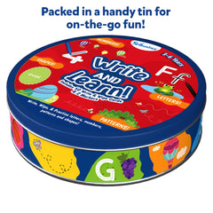 Skillmatics Write & Learn cards storage tin: keeps everything organized for kids.