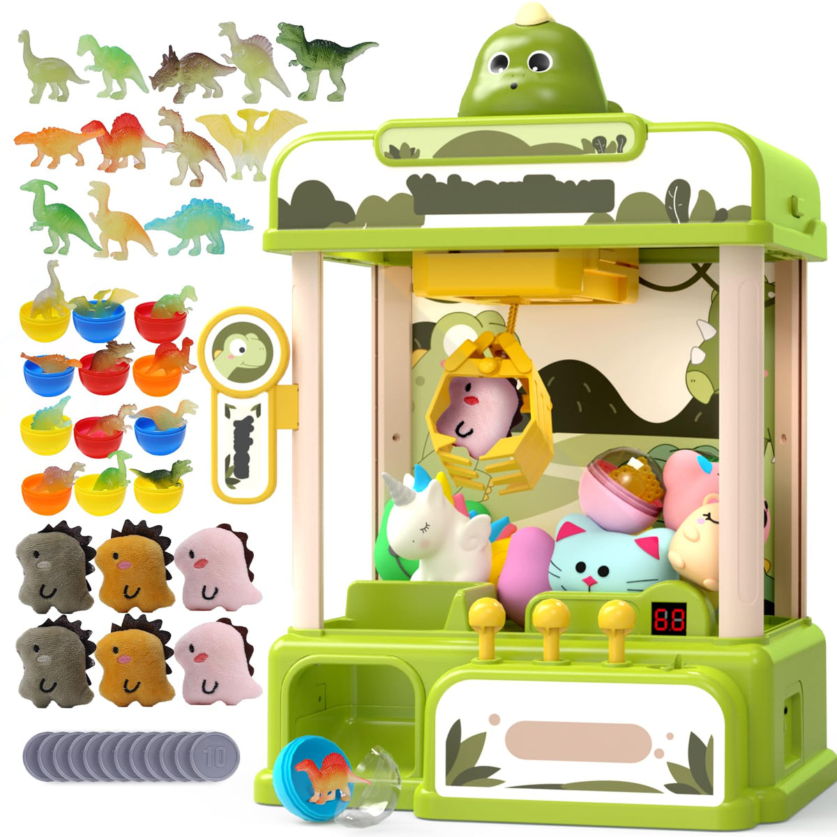 Skirfy dinosaur claw machine front view, a kid-friendly arcade toy for parties and home play.