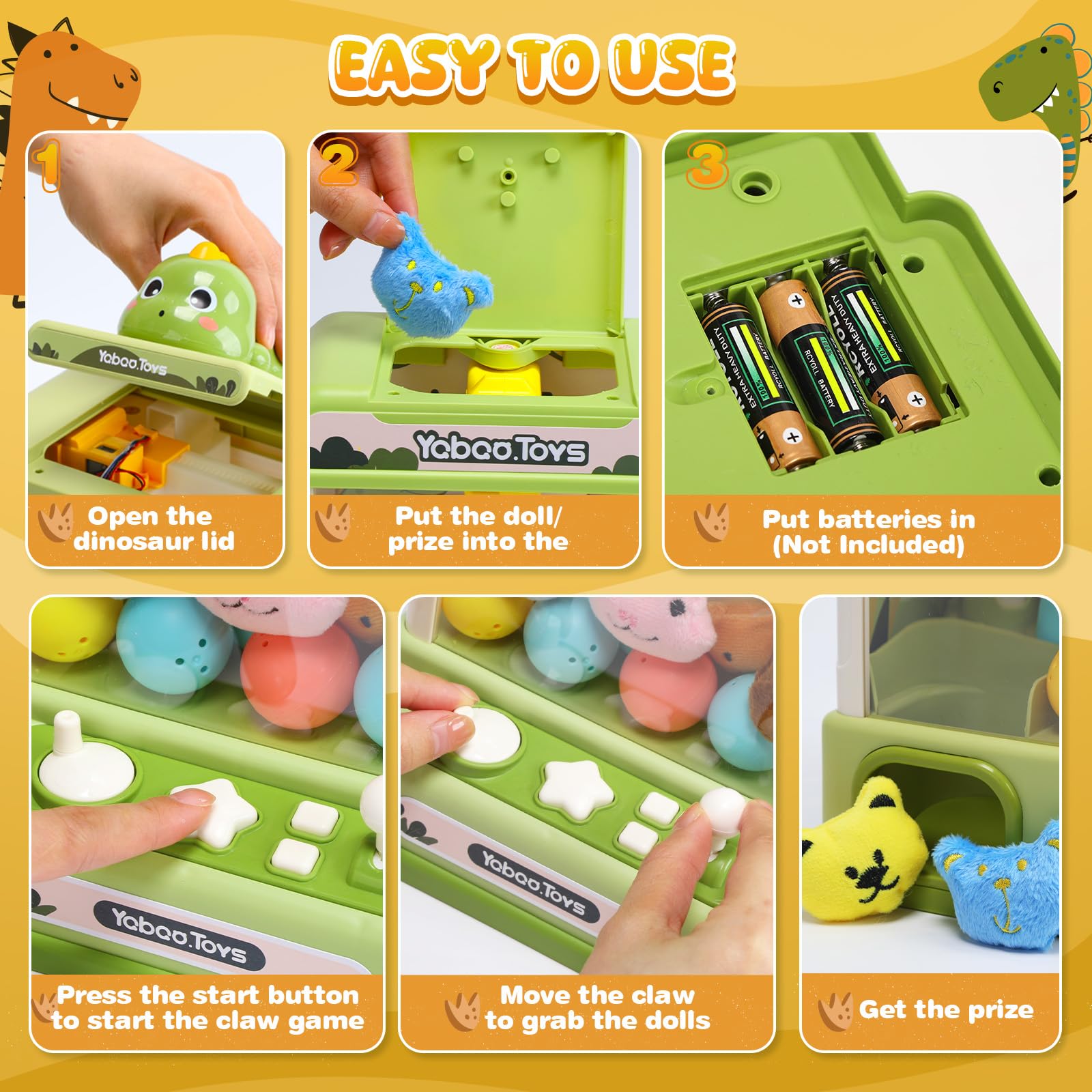 Skirfy mini prizes array shows plush toys and glow dinosaurs for excitement