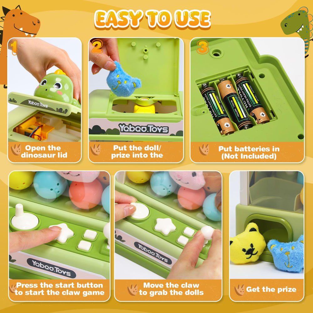 Skirfy mini prizes array shows plush toys and glow dinosaurs for excitement