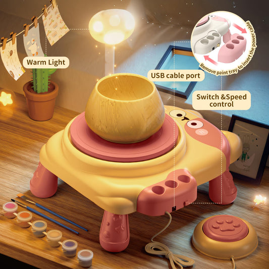 Skirfy pottery wheel with built-in light for precise detailing during kids’ projects.