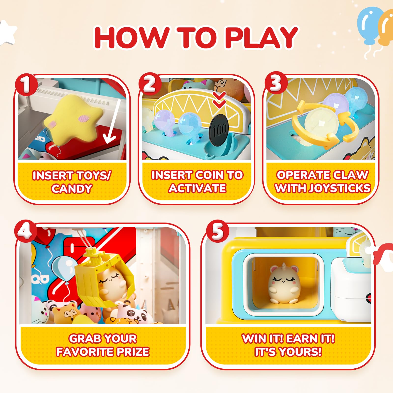 Skirfy prizes-packed unit includes plush toys, surprise eggs, erasers, and game coins.