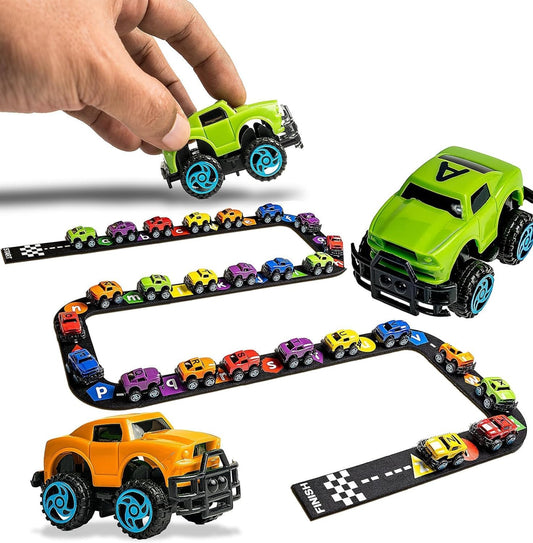Skoolzy Alphabet Cars set with 26 uppercase letters for engaging ABC learning.