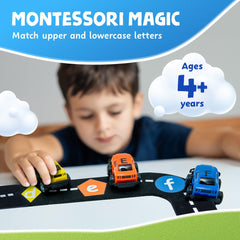 Skoolzy Alphabet Cars portable storage box for easy cleanup and organization.
