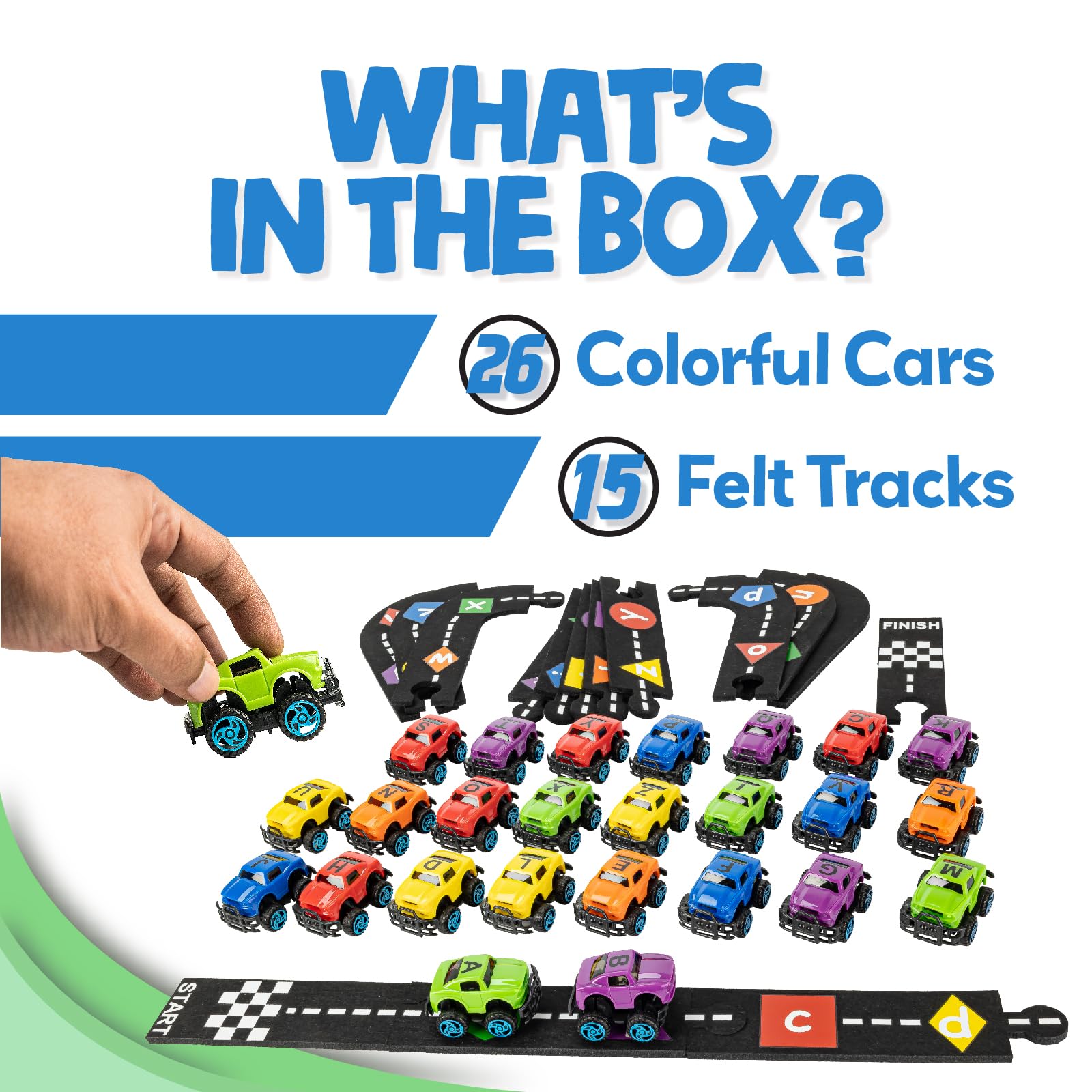 Skoolzy Alphabet Cars uppercase letters to aid quick letter recognition.