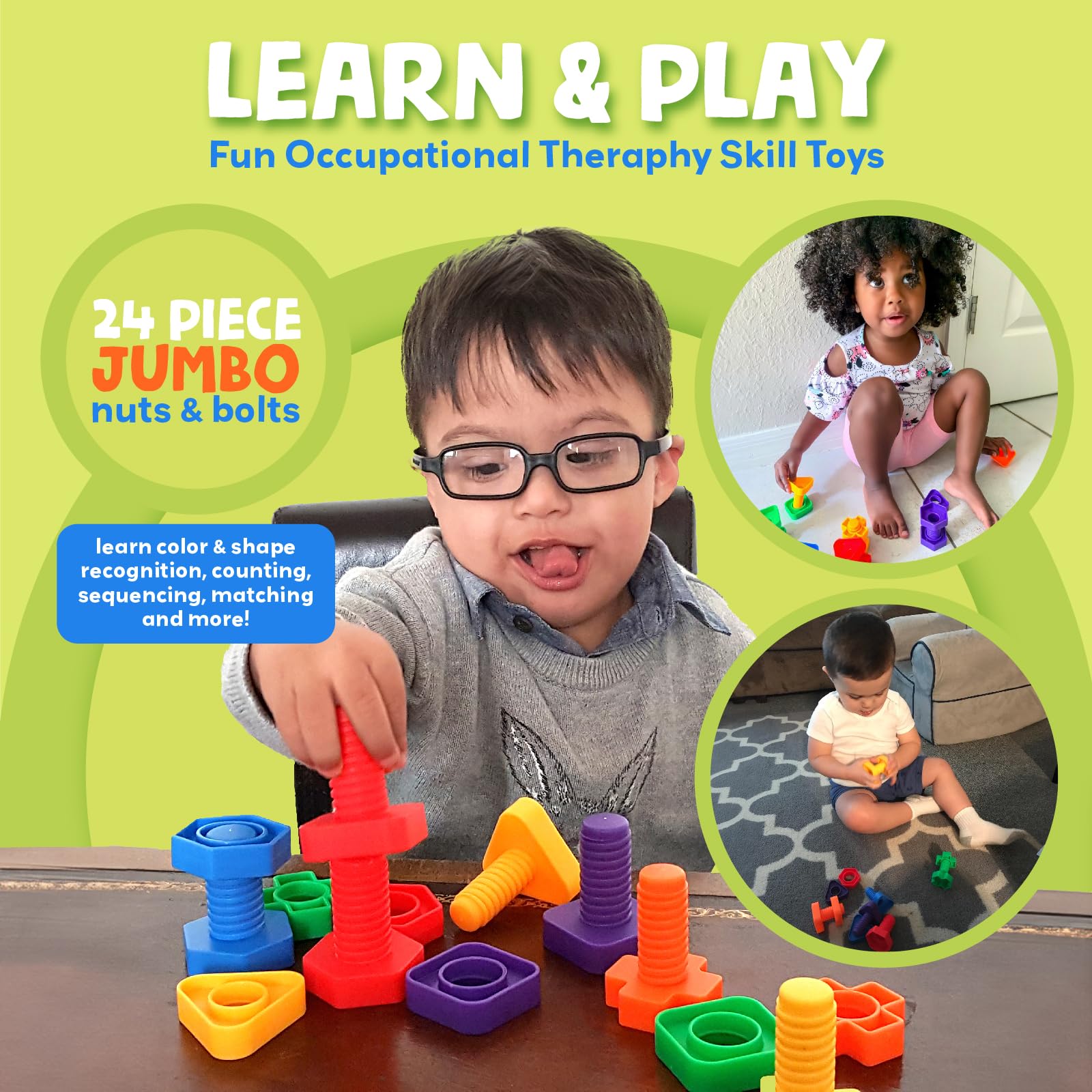 Skoolzy jumbo nuts and bolts colorful pieces aid color and shape recognition.