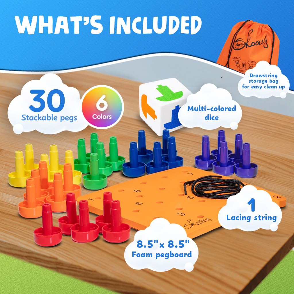Skoolzy peg board set includes dice to support counting practice