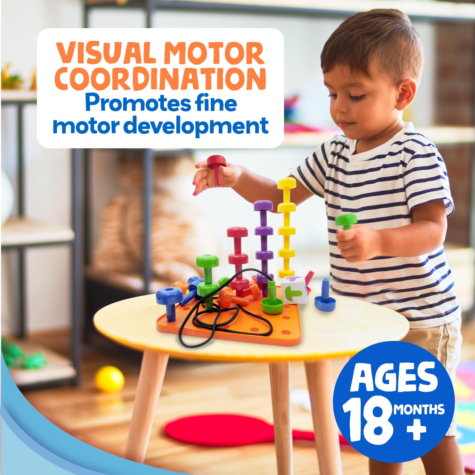 Skoolzy peg board set pegs close-up shows oversized, easy-to-grasp pieces