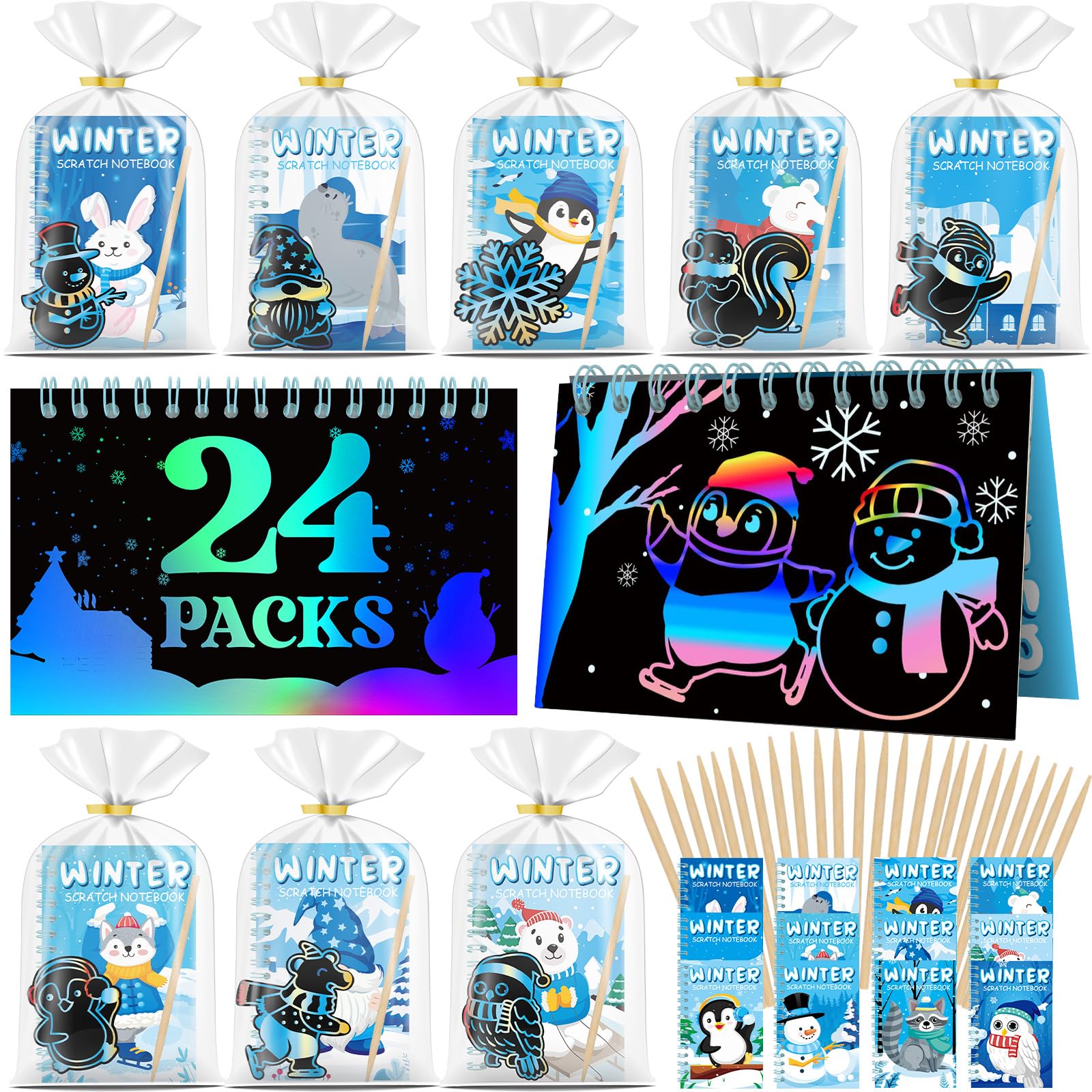Skrajoi winter scratch notes reveal vibrant colors for creative play during winter parties.