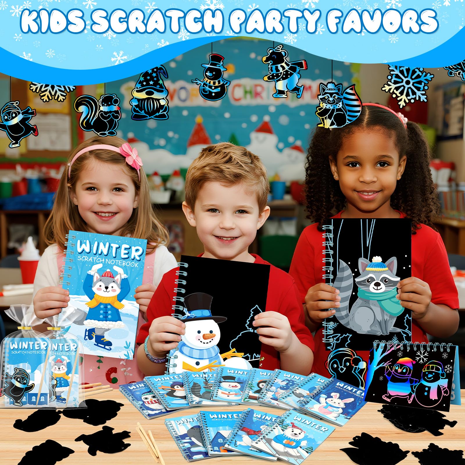 Skrajoi winter tree scratch cards unveil rainbow art to spark festive crafts.