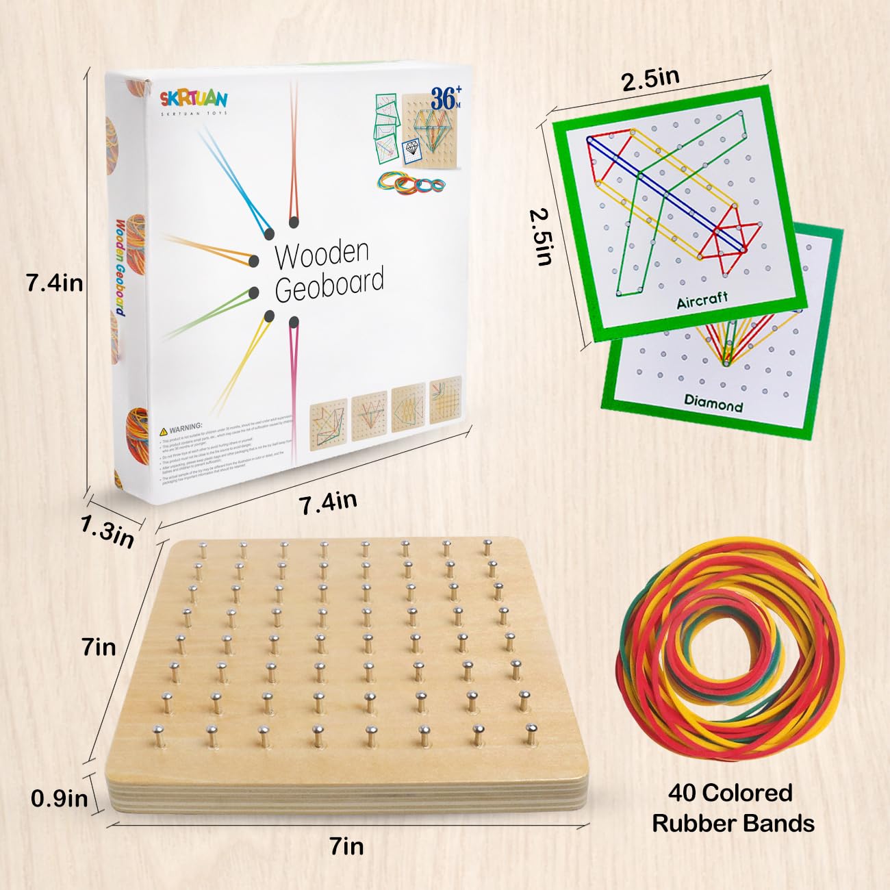 Skrtuan geoboard with pattern cards demonstrates shape creation possibilities.