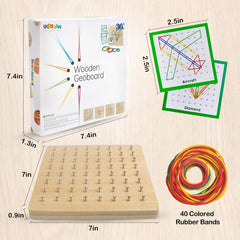 Skrtuan geoboard with pattern cards demonstrates shape creation possibilities.