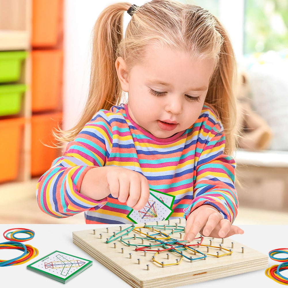 Skrtuan geoboard shapes like triangles and squares illustrate math practice.
