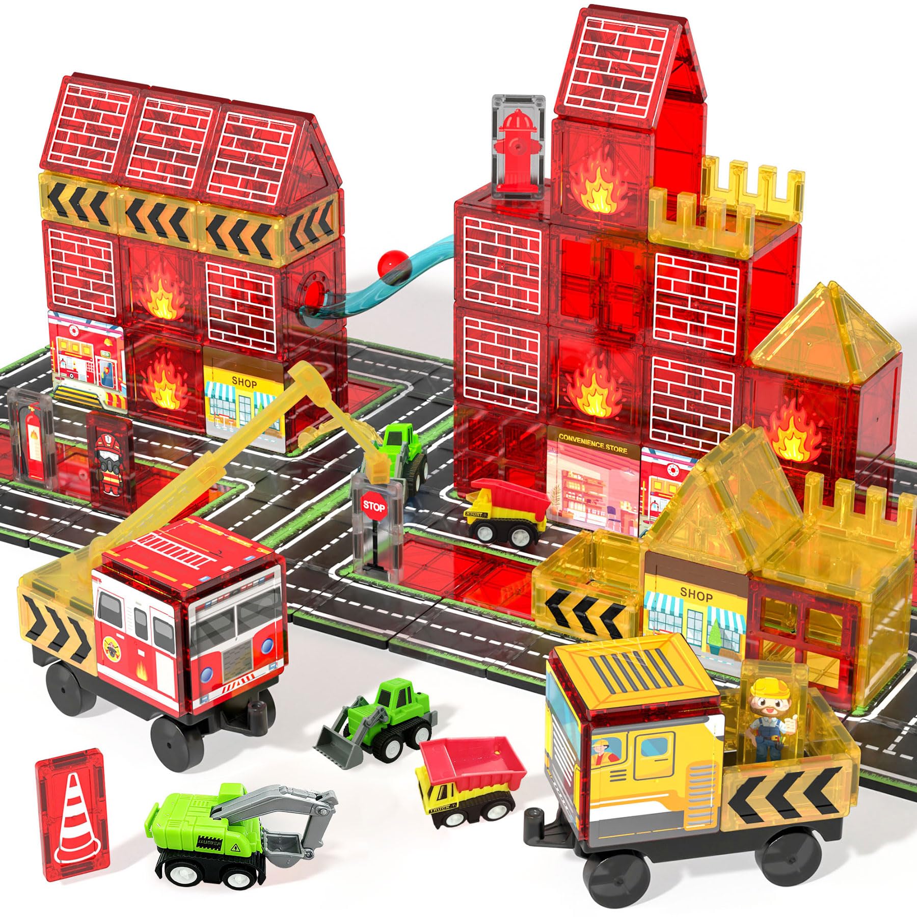 SKTMYY magnetic tiles fire truck station for creative play and early engineering.
