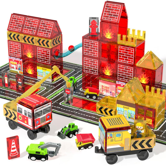 SKTMYY magnetic tiles fire truck station for creative play and early engineering.