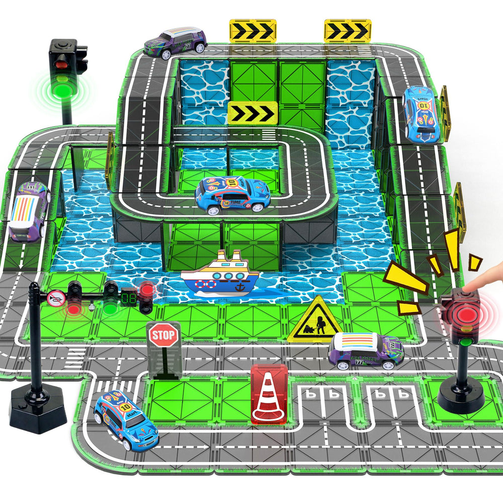 SKTMYY magnetic tiles road set showing flexible city-building play