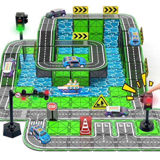 SKTMYY magnetic tiles road set showing flexible city-building play