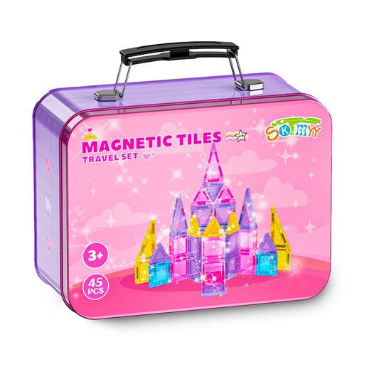 SKTMYY travel magnetic tiles pink iron case for on-the-go creative play.