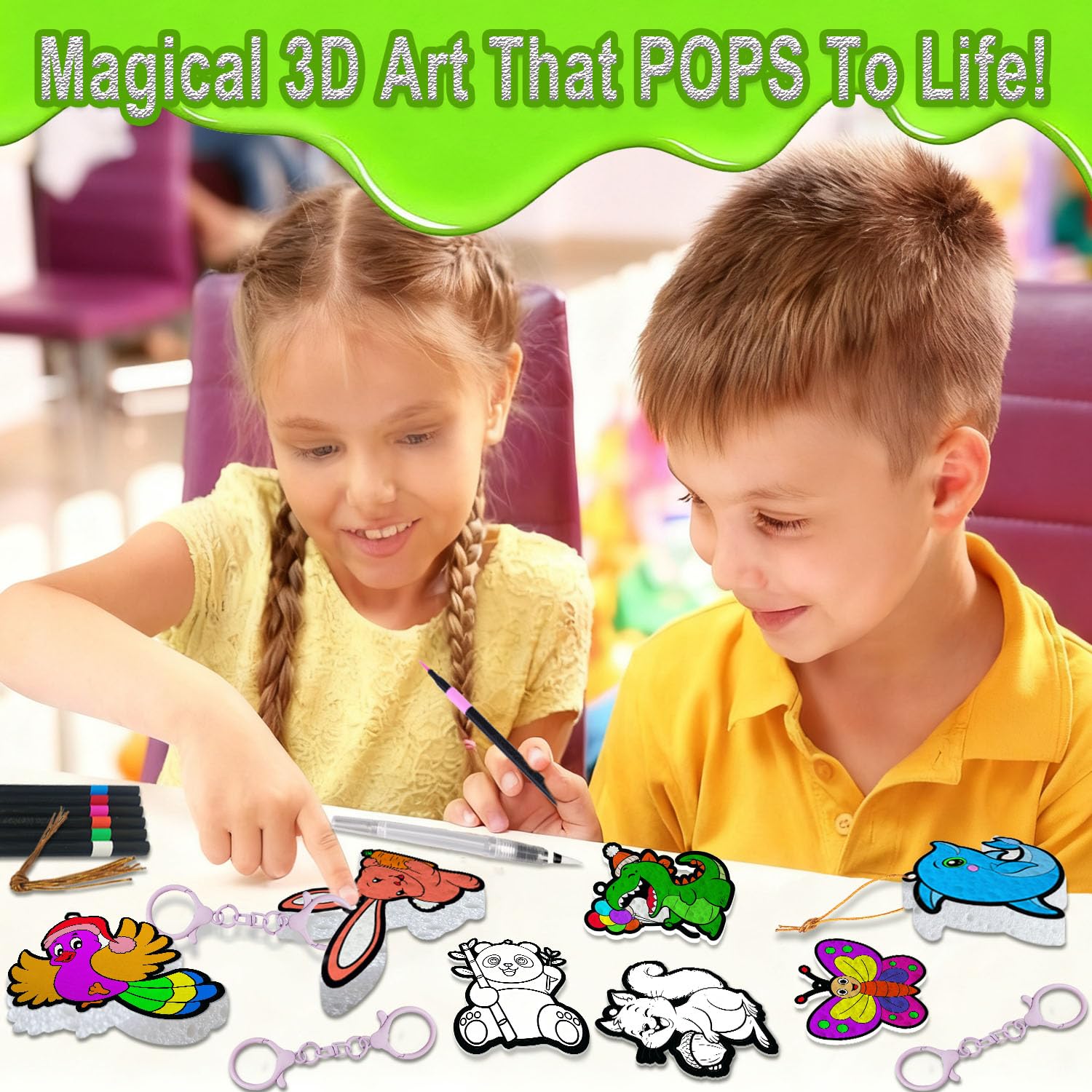 Skyenchant Aqua markers add vibrant color to each animal before activation.