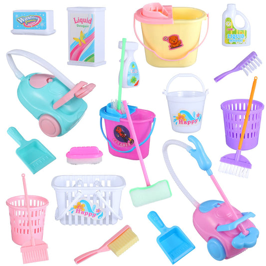 Skylety 22-piece miniature cleaning set with bucket for realistic dollhouse chores.