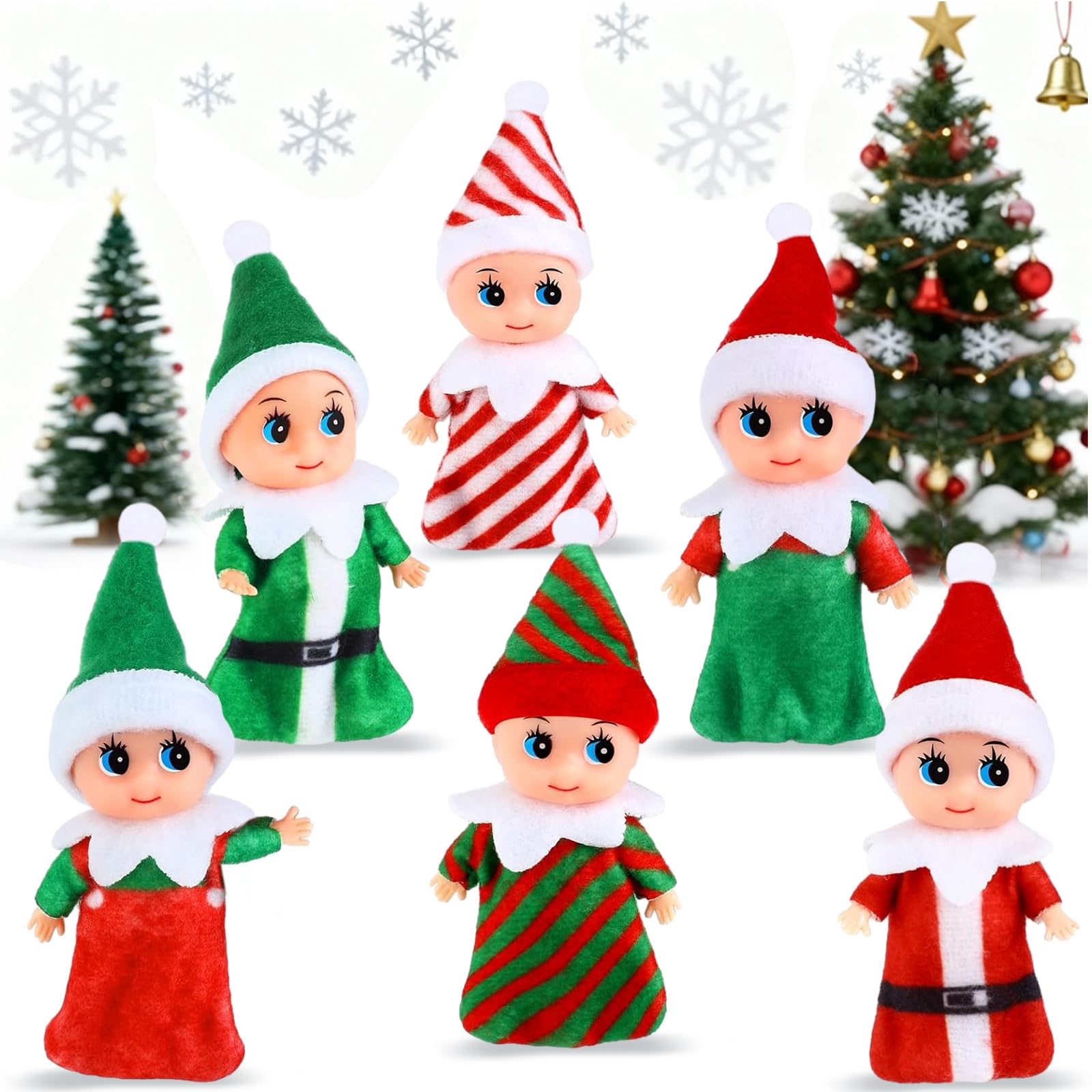 Skylety 6-piece Christmas elf miniatures for festive decor and stocking stuffers.