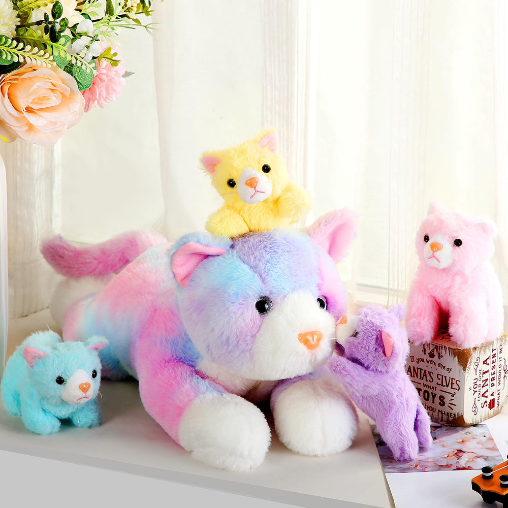 Huggable Skylety mom plush with four mobile kittens for display
