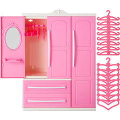 Skylety doll closet wardrobe with pink hangers keeps outfits neatly organized.
