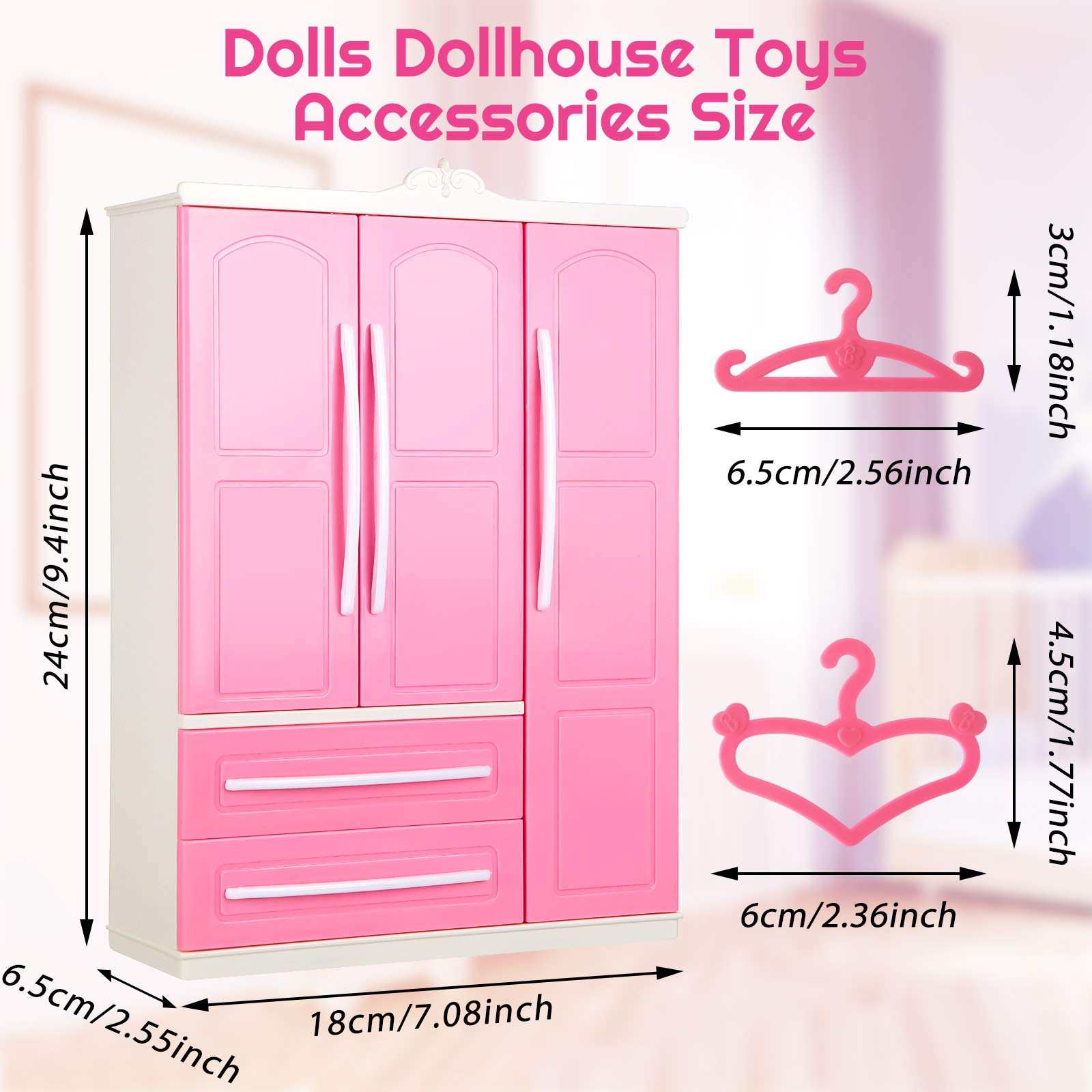 Two styles of pink hangers from Skylety for playful doll fashion displays.