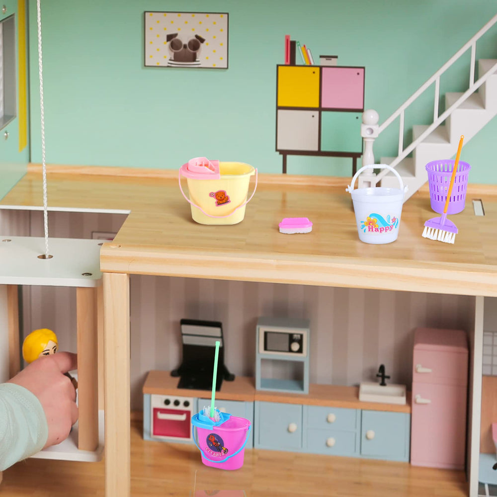 Skylety dustpan and trash can set for tidy pretend rooms.
