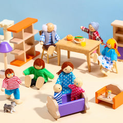 Skylety family figures include parents, children, baby, grandparents, cat and dog.