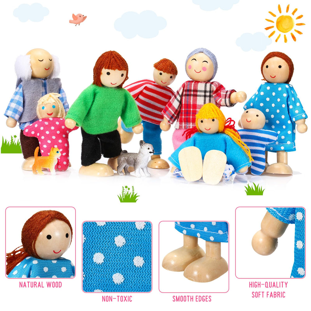 Skylety wooden dolls with soft clothes and gentle smiles for child-friendly fun.