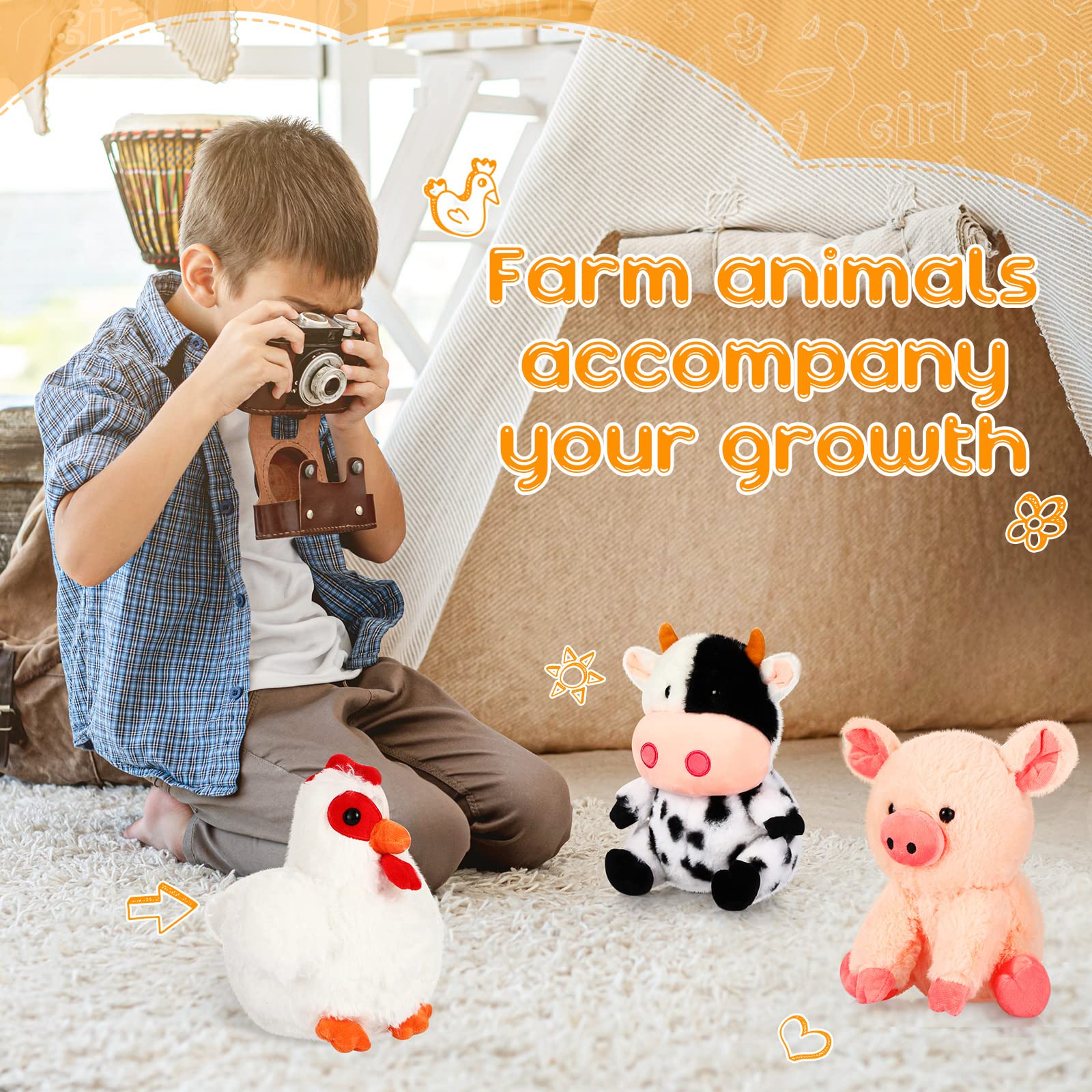 Skylety farm plush party-favor setup, perfect for birthdays and gifts.