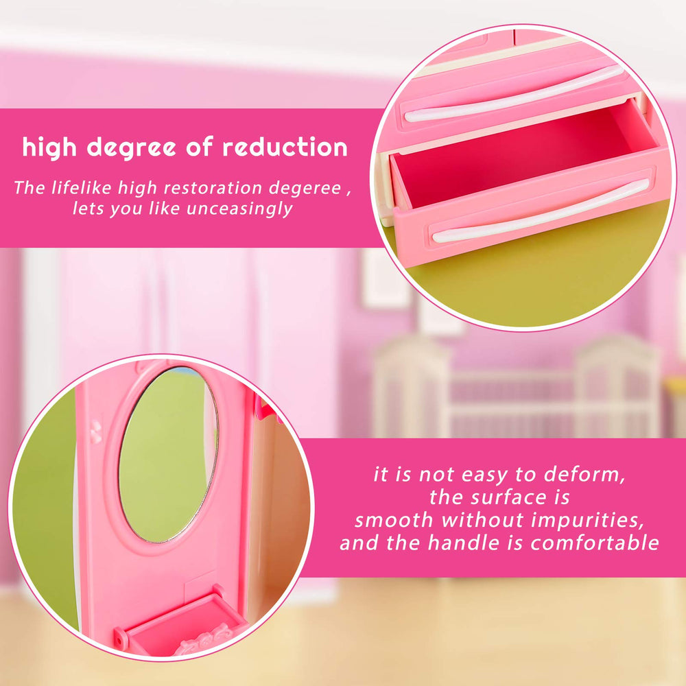 Skylety mini dollhouse wardrobe showcases tidy dress-up options for pretend play.