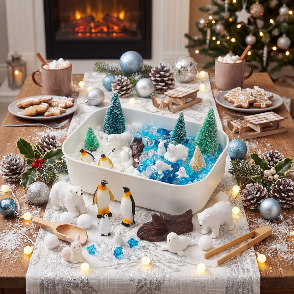 Skylety winter sensory bin white fur balls—texture like snow to enrich seasonal play.